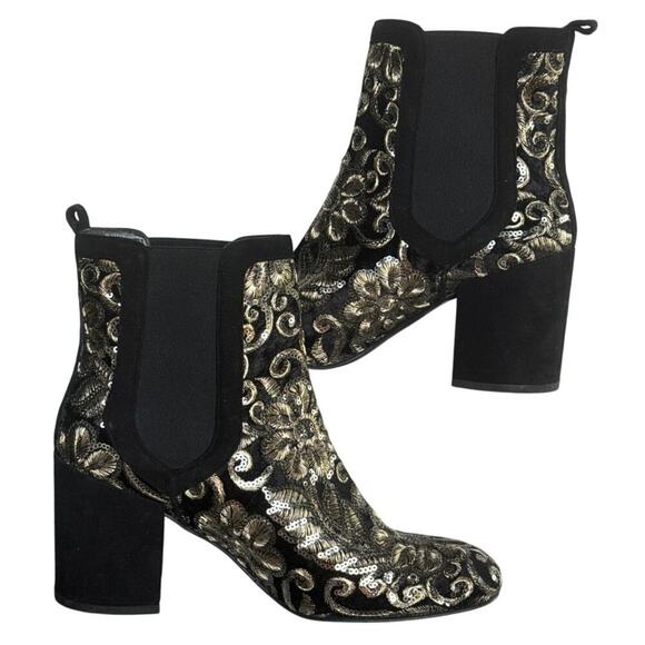 Stuart Weitzman Mediate Metallic Embroidered Velvet Block Heel Booties Size 8M - Picture 2 of 9